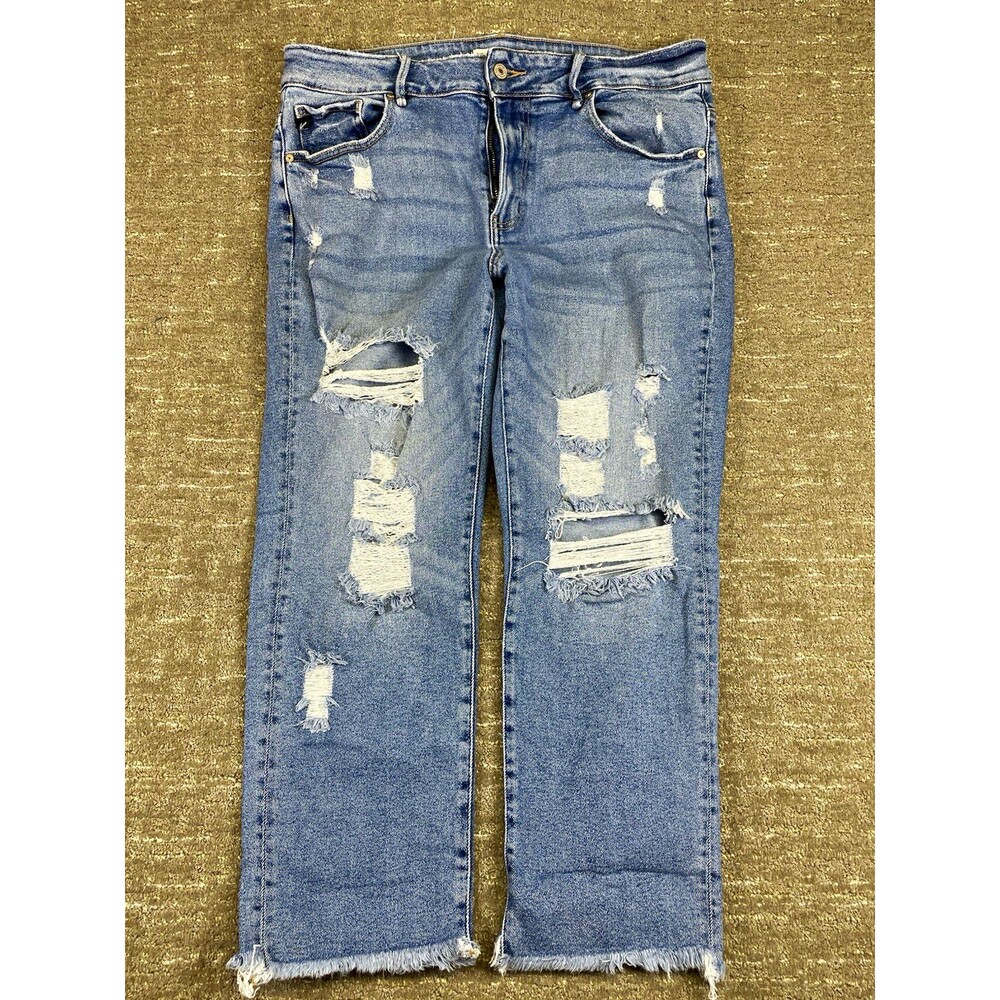 KanCan Distressed Straight Leg Denim Jeans Blue Stretch Mid Rise Size 14 raw hem